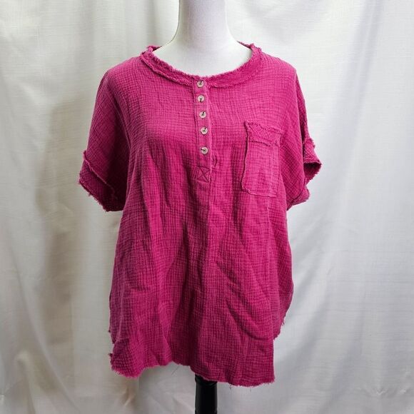 LA MIEL Pink Gauze Henley The Molly Top Size Medium - Picture 3 of 10